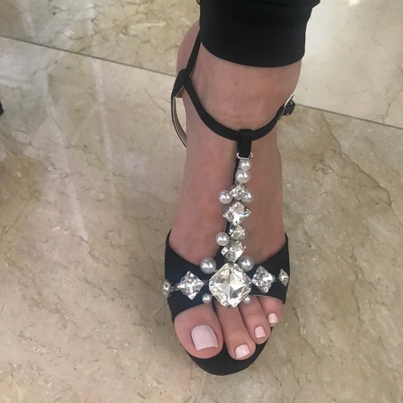 Black Satin pearl and rhinestone sandals - Picture 3 of 8